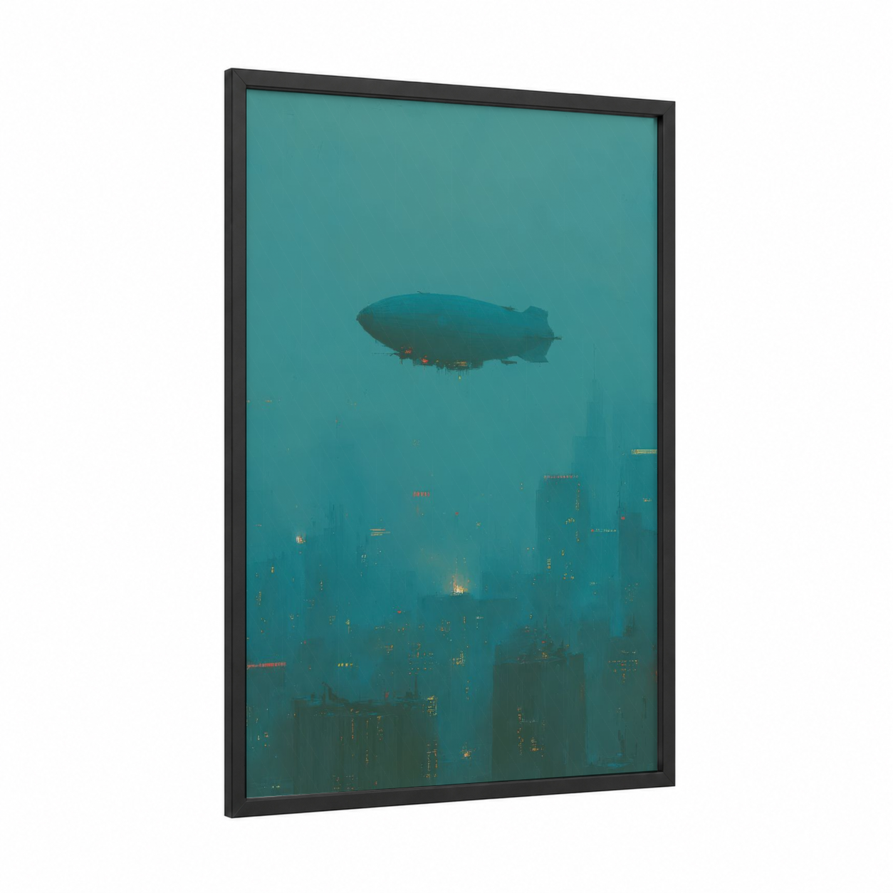 Steampunk Skyline framed airship print — black wood frame — teal and gold palette