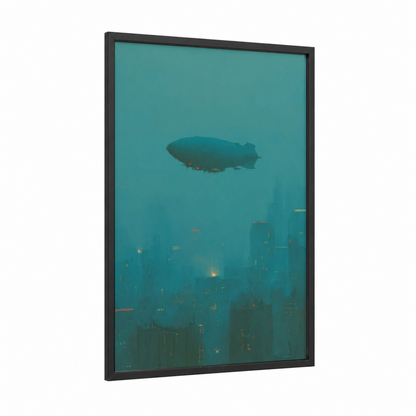 Steampunk Skyline framed airship print — black wood frame — teal and gold palette