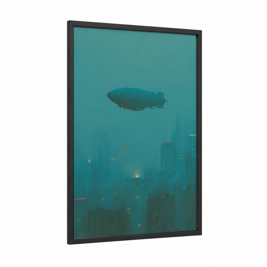 Steampunk Skyline framed airship print — black wood frame — teal and gold palette