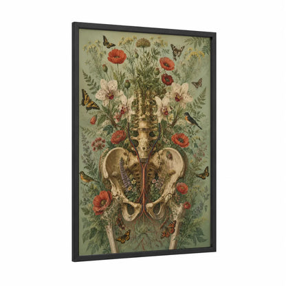 Botanical Skull Anatomy Wall Art framed art print — black wood frame — sage green and cream palette