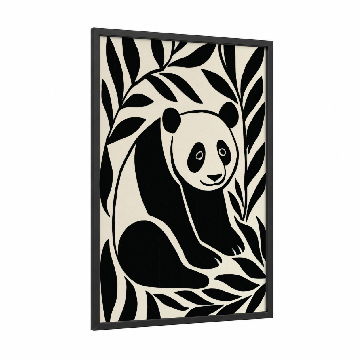 Bamboo Panda framed abstract minimalist print — black wood frame — black and white and cream palette