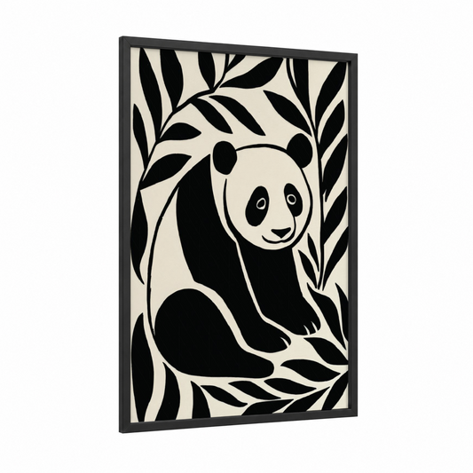 Bamboo Panda framed abstract minimalist print — black wood frame — black and white and cream palette