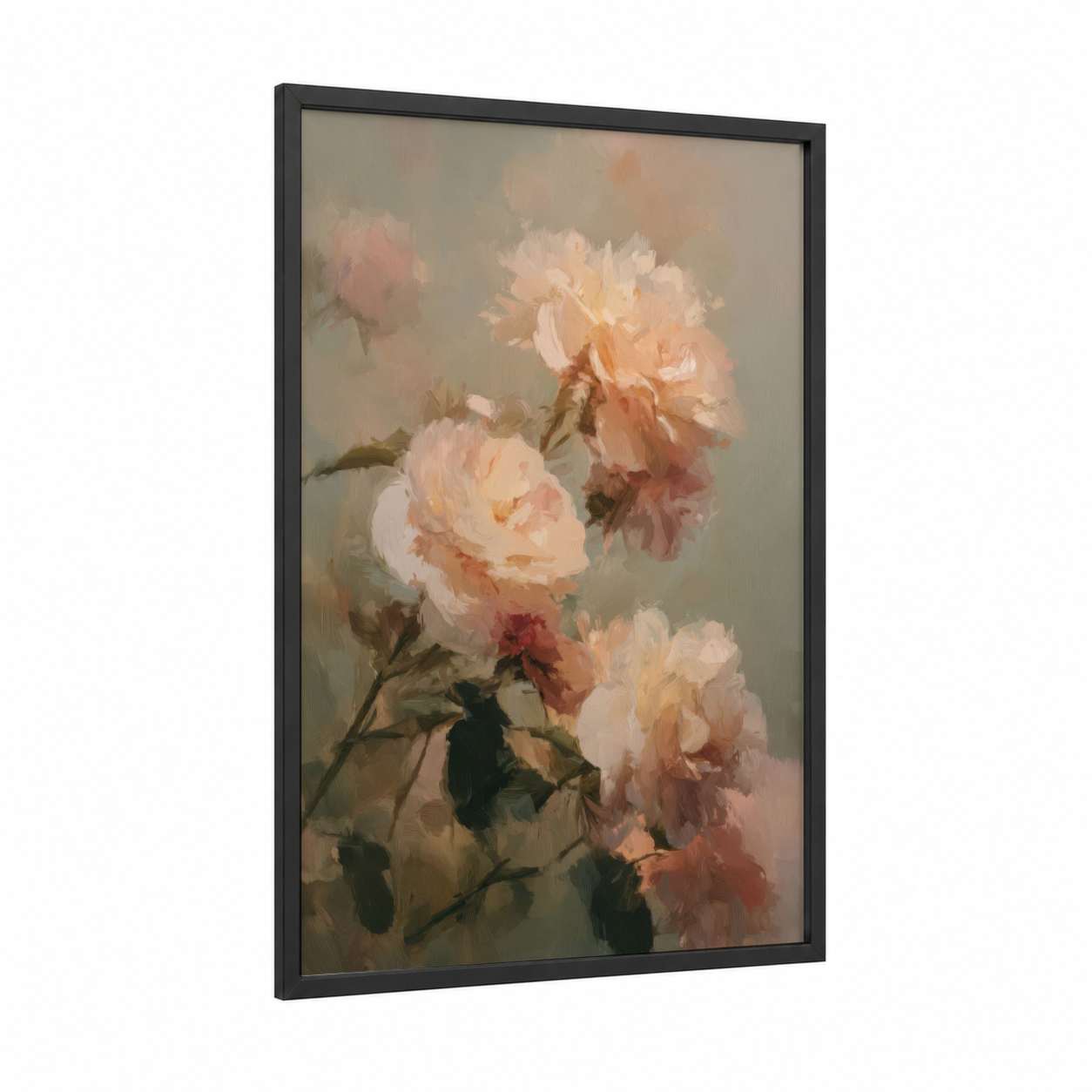 Peachy Garden Roses framed art print — black wood frame — peach and cream palette