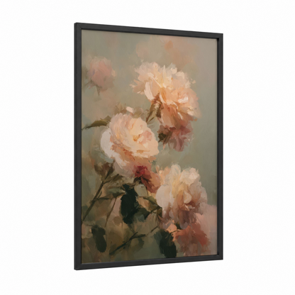 Peachy Garden Roses framed art print — black wood frame — peach and cream palette