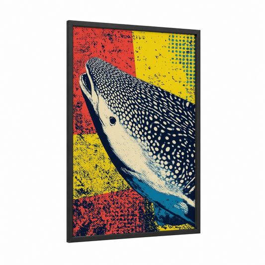 Neon Whale Shark framed art print — black wood frame — red and yellow palette