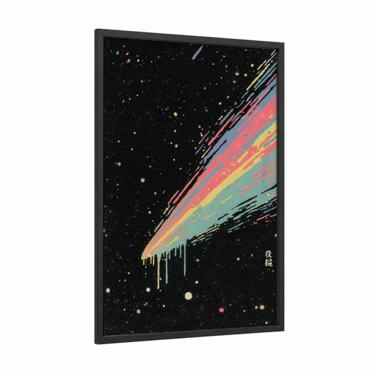 Cosmic Comet Trail framed astroids and comets print — black wood frame — black and gold palette