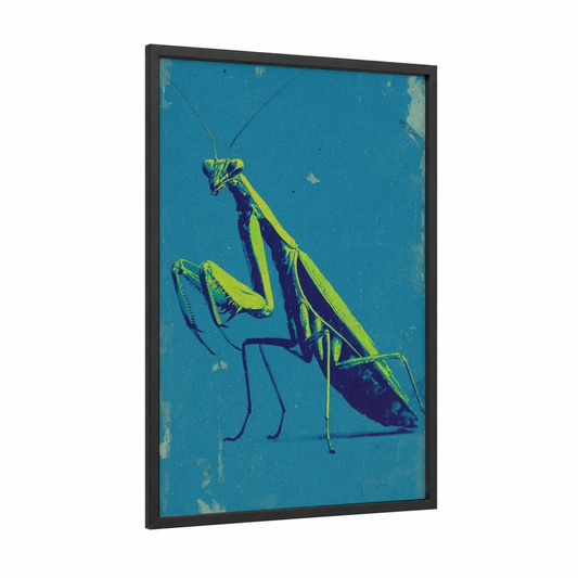 Neon Mantis framed prayin mantis print — black wood frame — blue and yellow gold palette