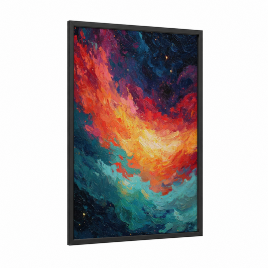 Cosmic Inferno Nebula framed art print — black wood frame — red and dark blue palette
