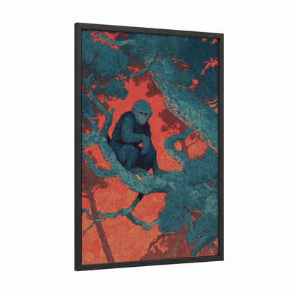 Contemplative Warrior framed kung fu print — black wood frame — teal and red palette