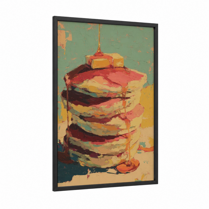 Syrup Stack Pancakes framed breakfast print — black wood frame — yellow gold and red palette