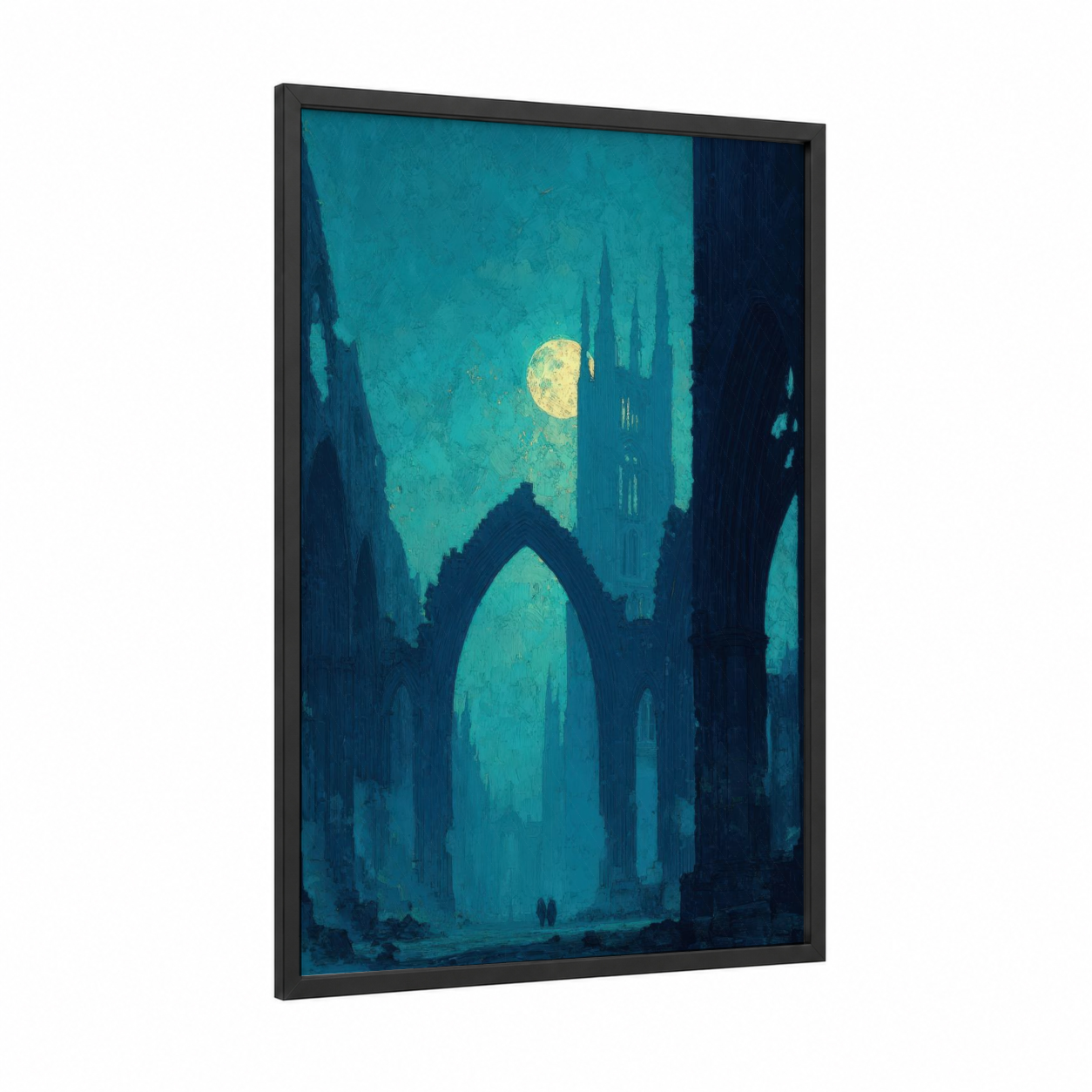 Moonlit Cathedral framed art print — black wood frame — teal and dark blue palette
