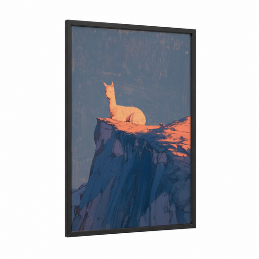 Sunlit Alpaca framed art print — black wood frame — blue and gold palette