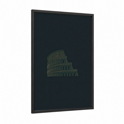 Ancient Colosseum framed art print — black wood frame — gold and black palette