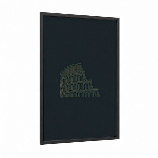 Ancient Colosseum framed art print — black wood frame — gold and black palette