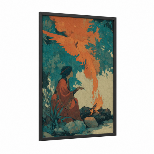 Crimson Elf framed art print — black wood frame — orange and teal palette