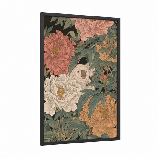 Floral Koala framed art print — black wood frame — peach and sage green palette