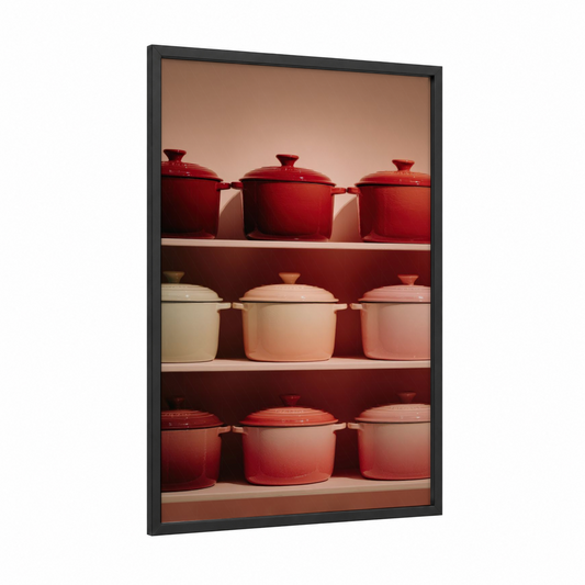 Colorful Dutch Ovens framed kitchen utensils print — black wood frame — red and cream palette