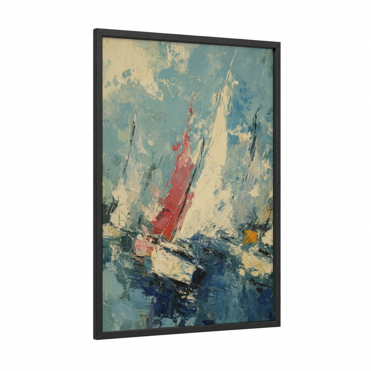 Red Sail Seascape framed sailing ship print — black wood frame — blue and cream palette