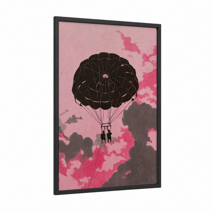 Cloud Parasailing framed art print — black wood frame — pink and gray palette