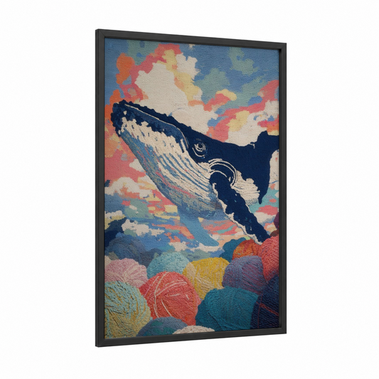 Dreaming Humpback framed humpback whale print — black wood frame — blue palette