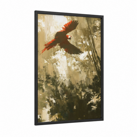 Crimson Flight Macaw framed art print — black wood frame — gold and red palette