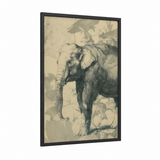 Majestic Elephant framed asian elephant print — black wood frame — black and white and cream palette