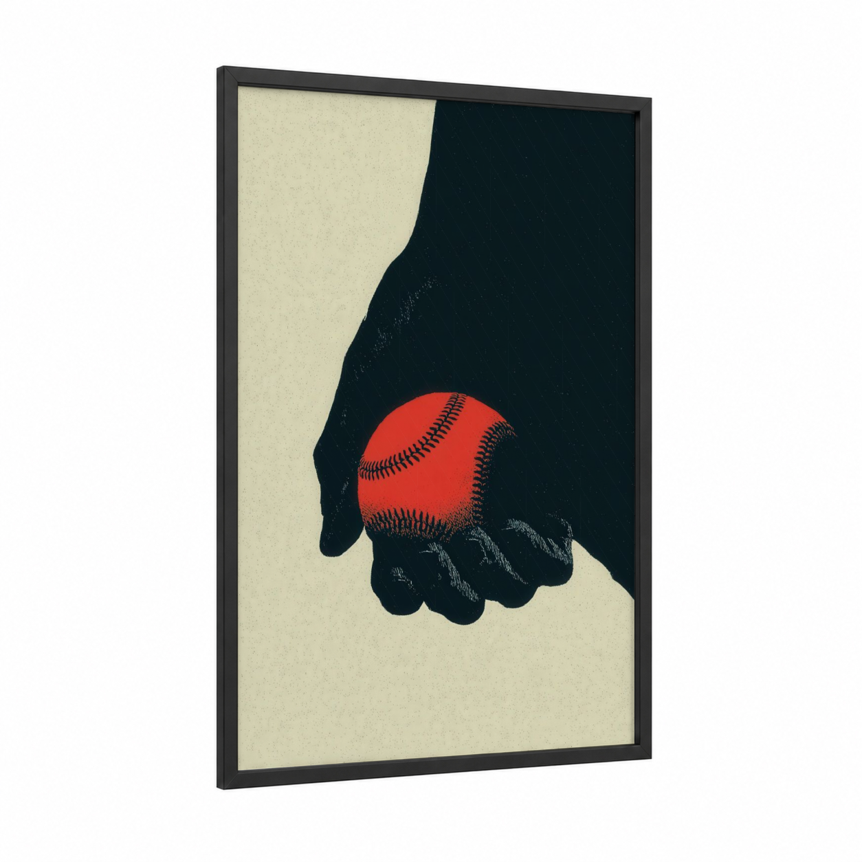 Crimson Baseball Hold framed art print — black wood frame — red and black and white palette