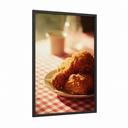 Golden Fried Chicken framed poultry print — black wood frame — gold and cream palette
