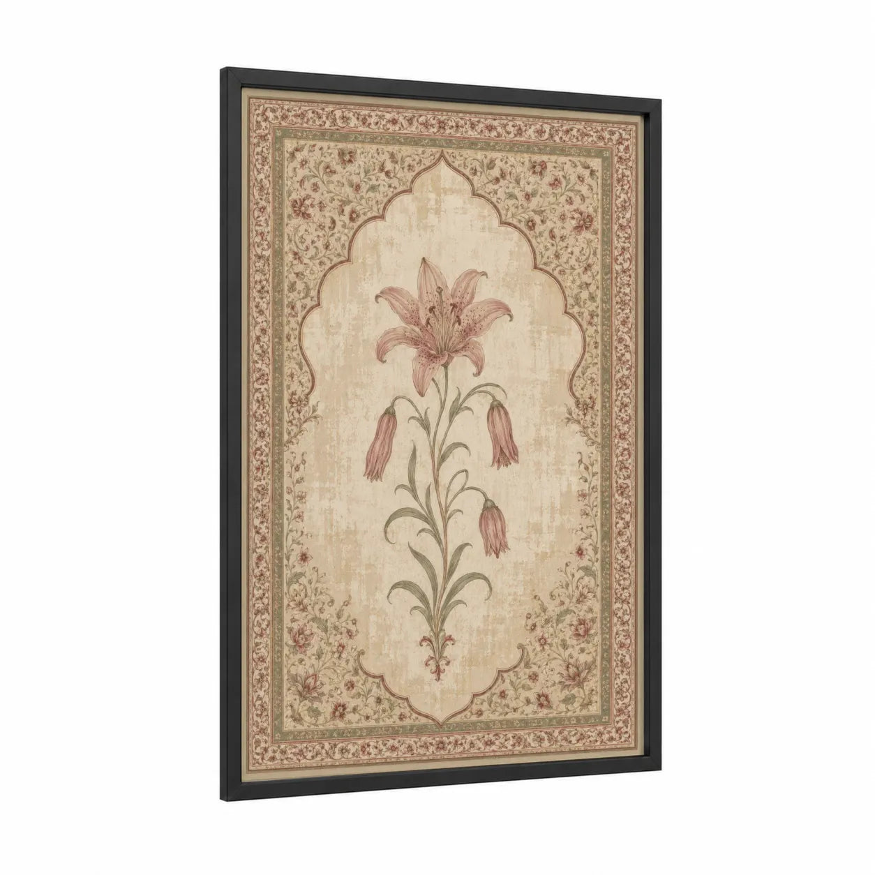 Vintage Lily Botanical Wall Art framed art print — black wood frame — beige and salmon pink palette