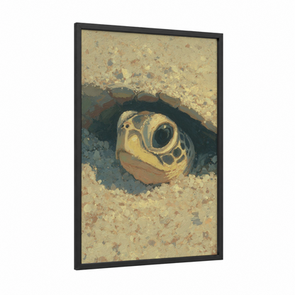 Sandy Turtle Close-up framed art print — black wood frame — gold and brown palette