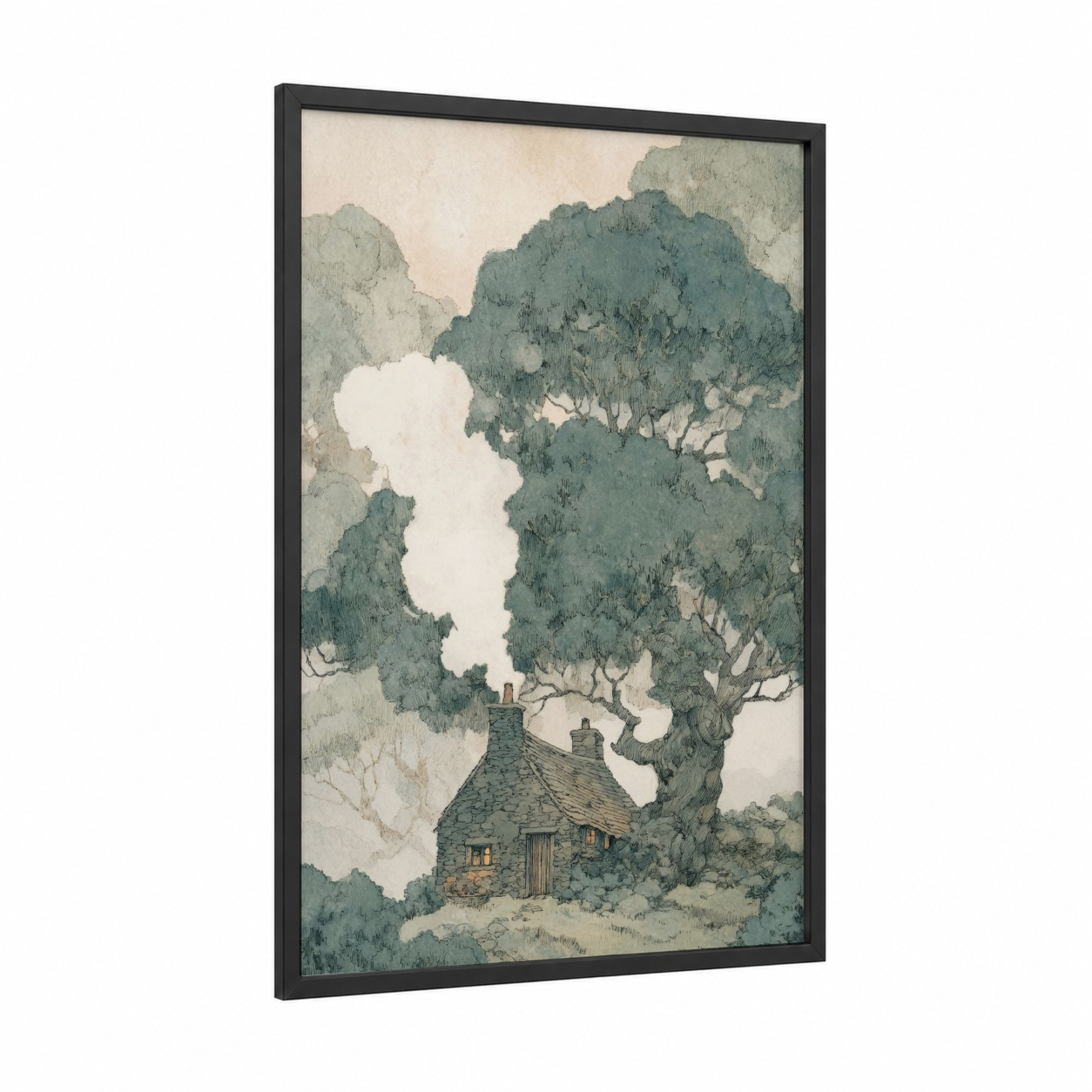 Sheltered Oak Cottage framed art print — black wood frame — sage green and cream palette