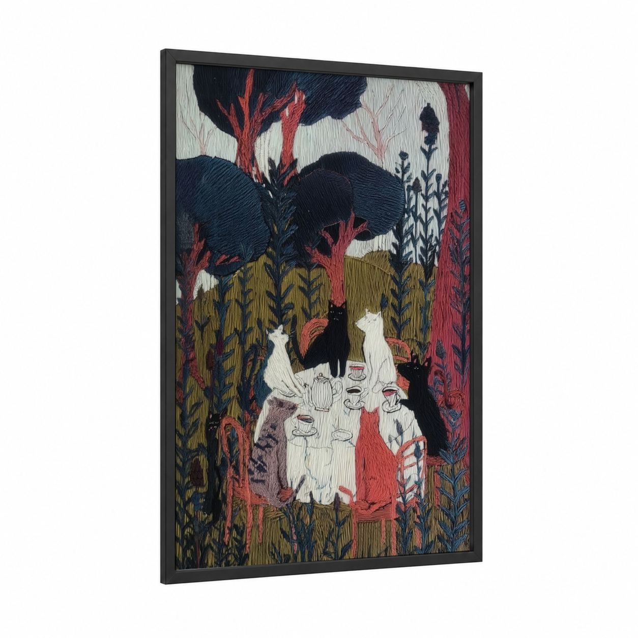 Enchanted Garden Cats framed art print — black wood frame — black and gold and maroon palette