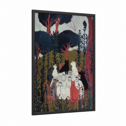 Enchanted Garden Cats framed art print — black wood frame — black and gold and maroon palette