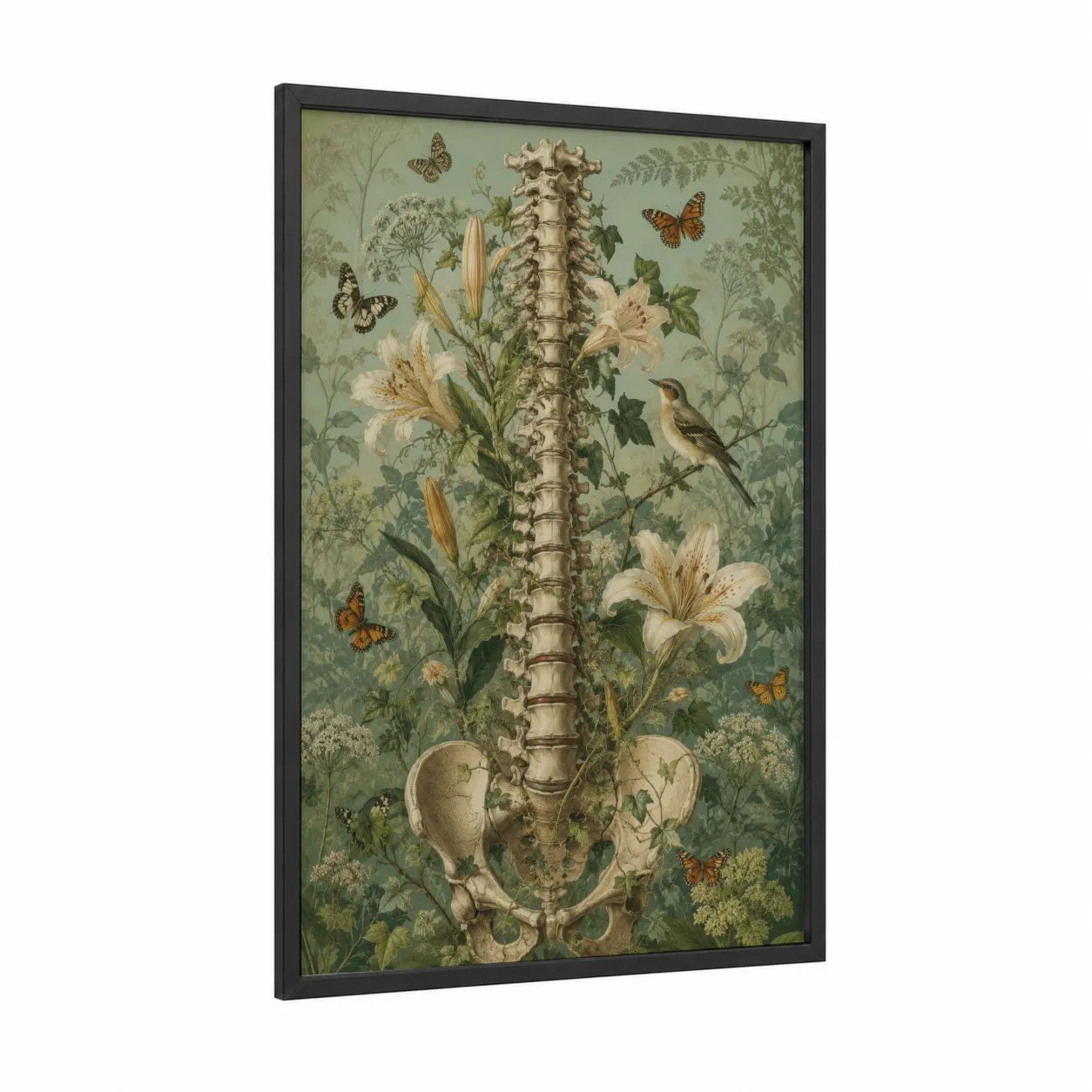 Botanical Spine Anatomy Garden Wall Art framed butterfly print — black wood frame — sage green and beige palette