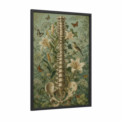 Botanical Spine Anatomy Garden Wall Art framed butterfly print — black wood frame — sage green and beige palette