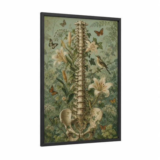 Botanical Spine Anatomy Garden Wall Art framed butterfly print — black wood frame — sage green and beige palette