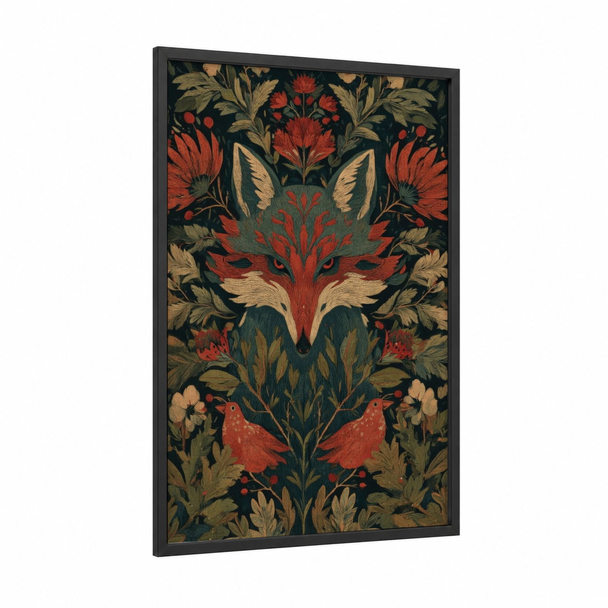 Ornate Forest Fox framed art print — black wood frame — gold and red palette