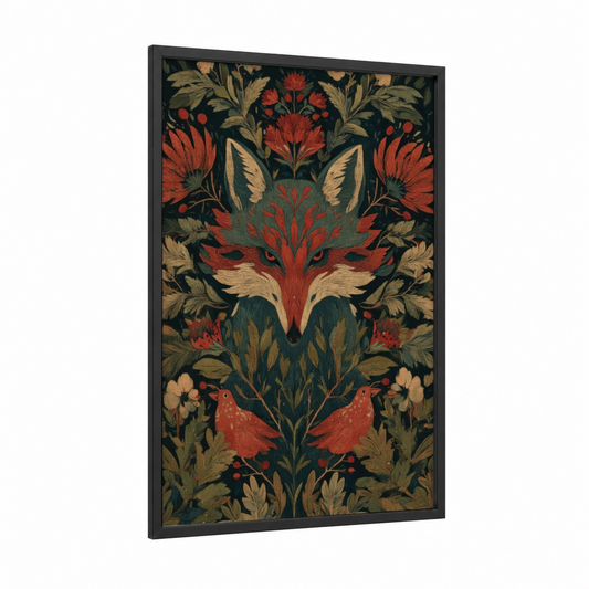 Ornate Forest Fox framed art print — black wood frame — gold and red palette