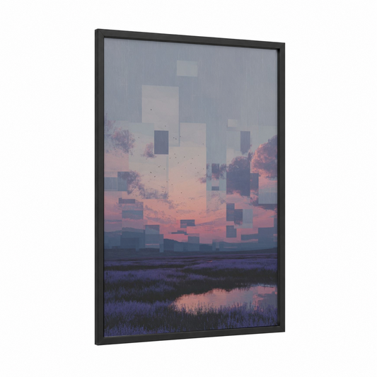 Sunset Cityscape framed dreamscape print — black wood frame — salmon pink and gray palette
