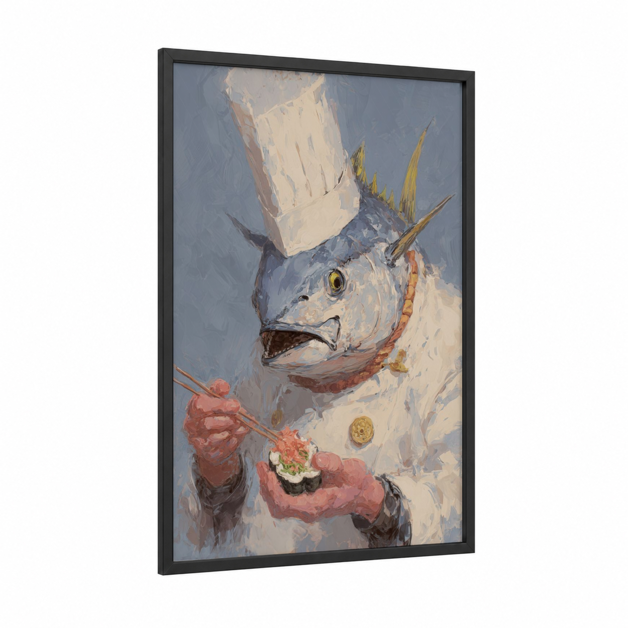 Chef Tuna framed art print — black wood frame — cream and dove gray palette