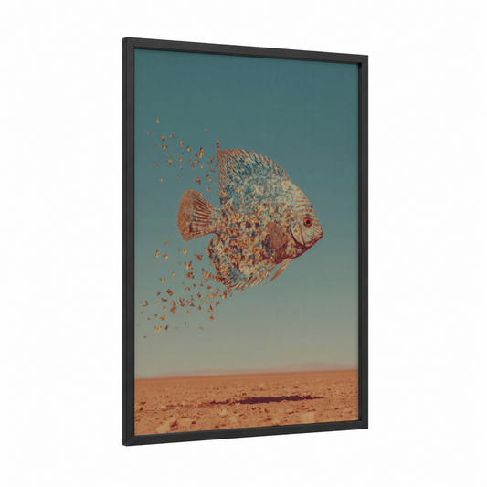 Dissolving Discus framed discus fish print — black wood frame — teal and russet palette