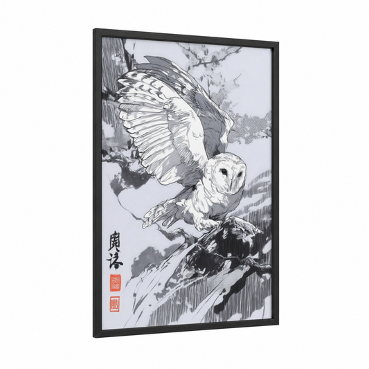 Snowy Owl Flight framed art print — black wood frame — black and white palette