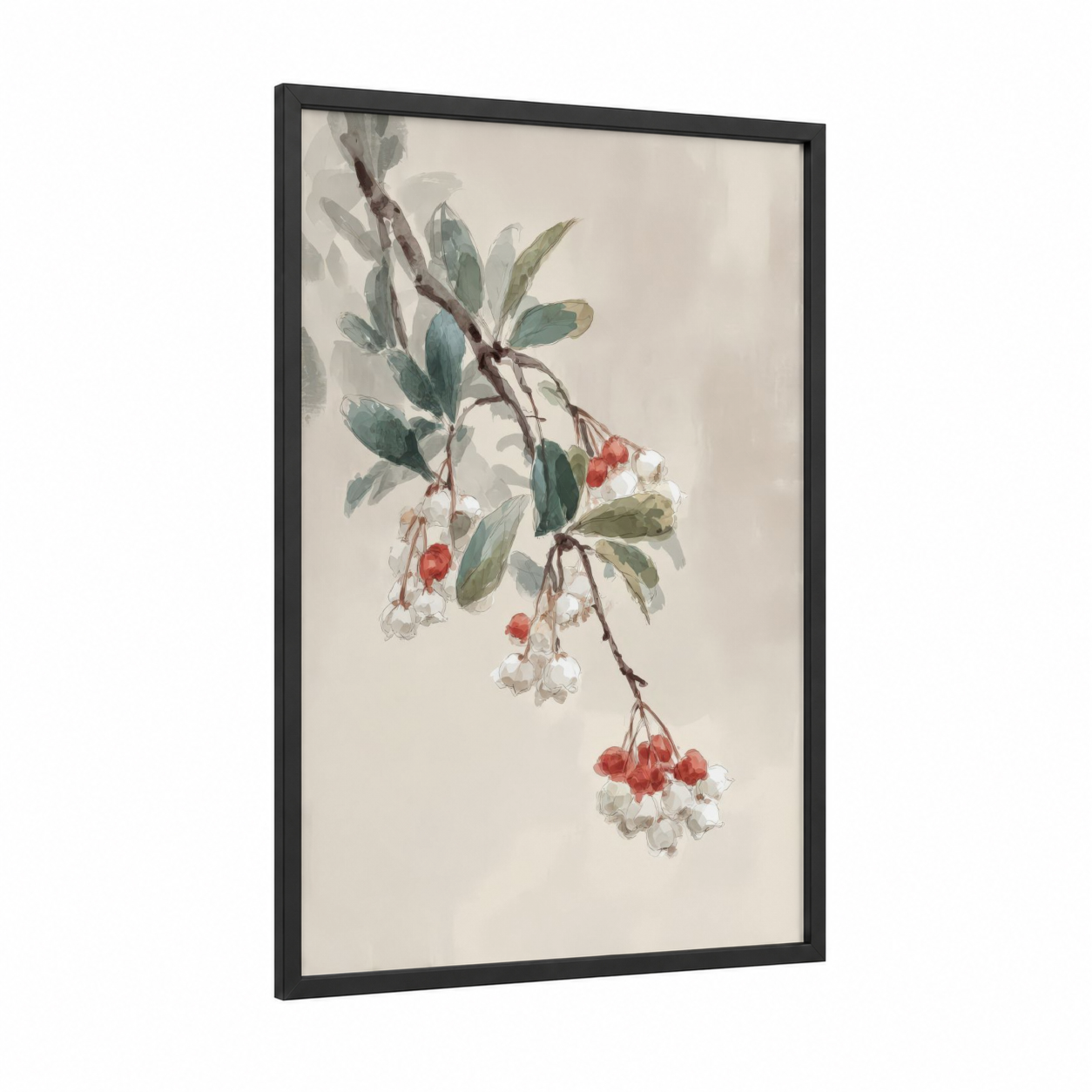 Arbutus Berries framed arbutus tree print — black wood frame — sage green and red palette