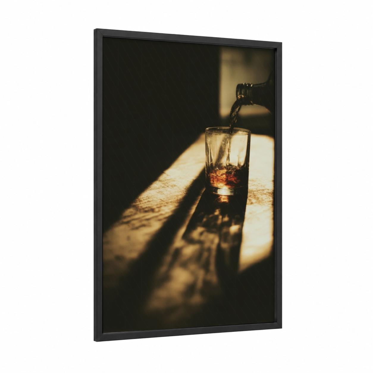 Golden Hour Whiskey framed art print — black wood frame — gold and black and white palette