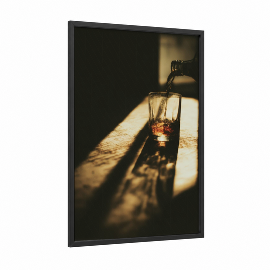 Golden Hour Whiskey framed art print — black wood frame — gold and black and white palette