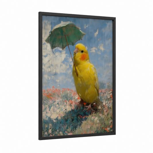 Sunny Parasol Canary framed canaries print — black wood frame — blue and gold palette