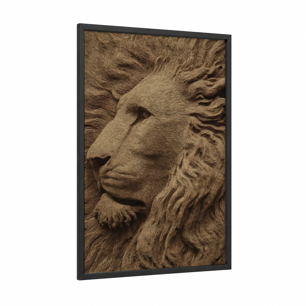 Majestic Lion Carving framed woodcarving print — black wood frame — brown and gold palette