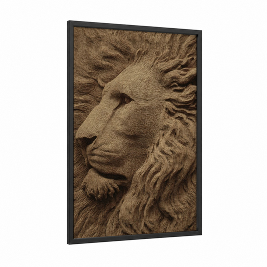 Majestic Lion Carving framed woodcarving print — black wood frame — brown and gold palette