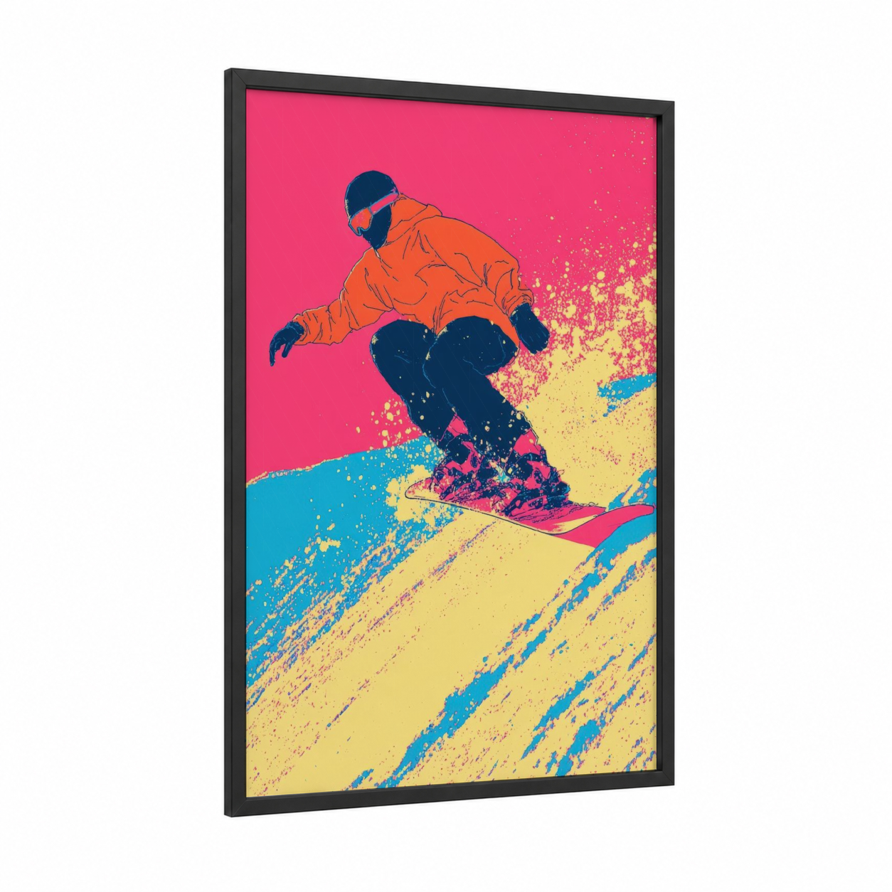 Neon Snowboarder framed snowboarding print — black wood frame — magenta and yellow palette