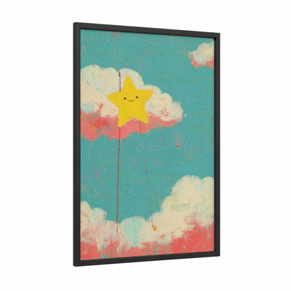 Smiling Star Cloud framed art print — black wood frame — teal and yellow gold palette